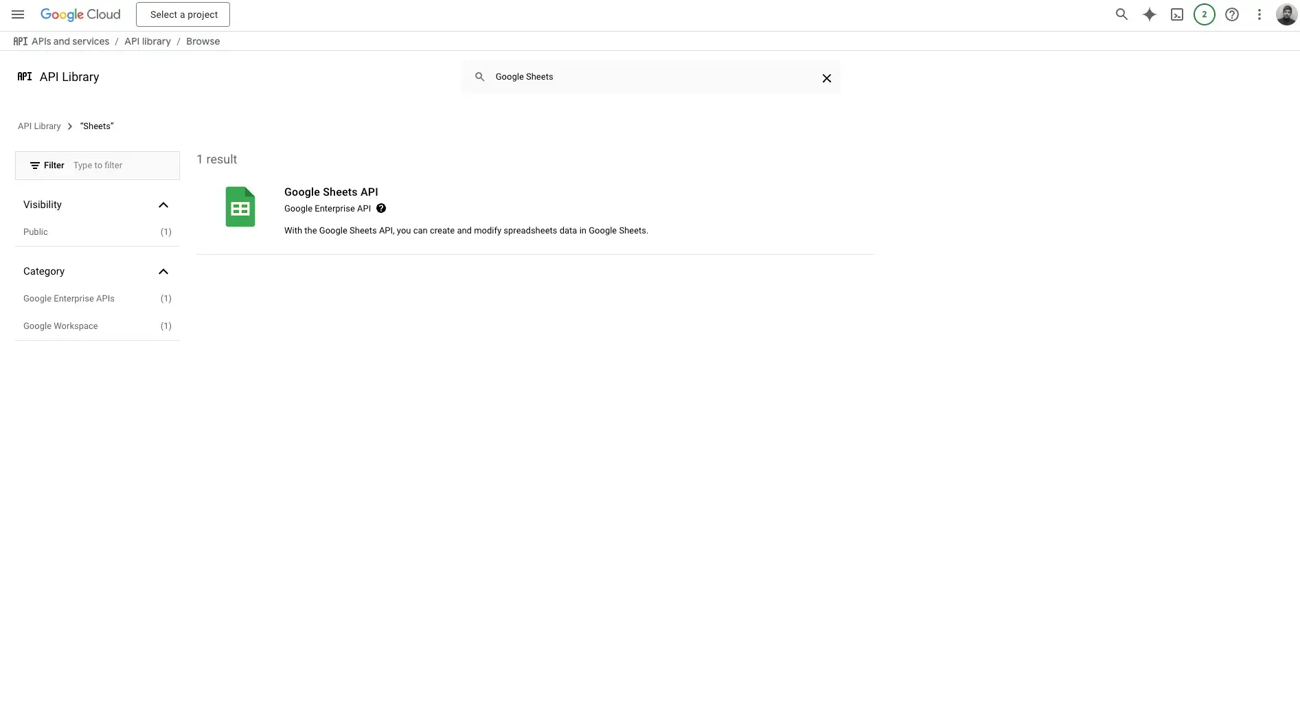 Google Cloud Console showing how to select the Google Sheets API