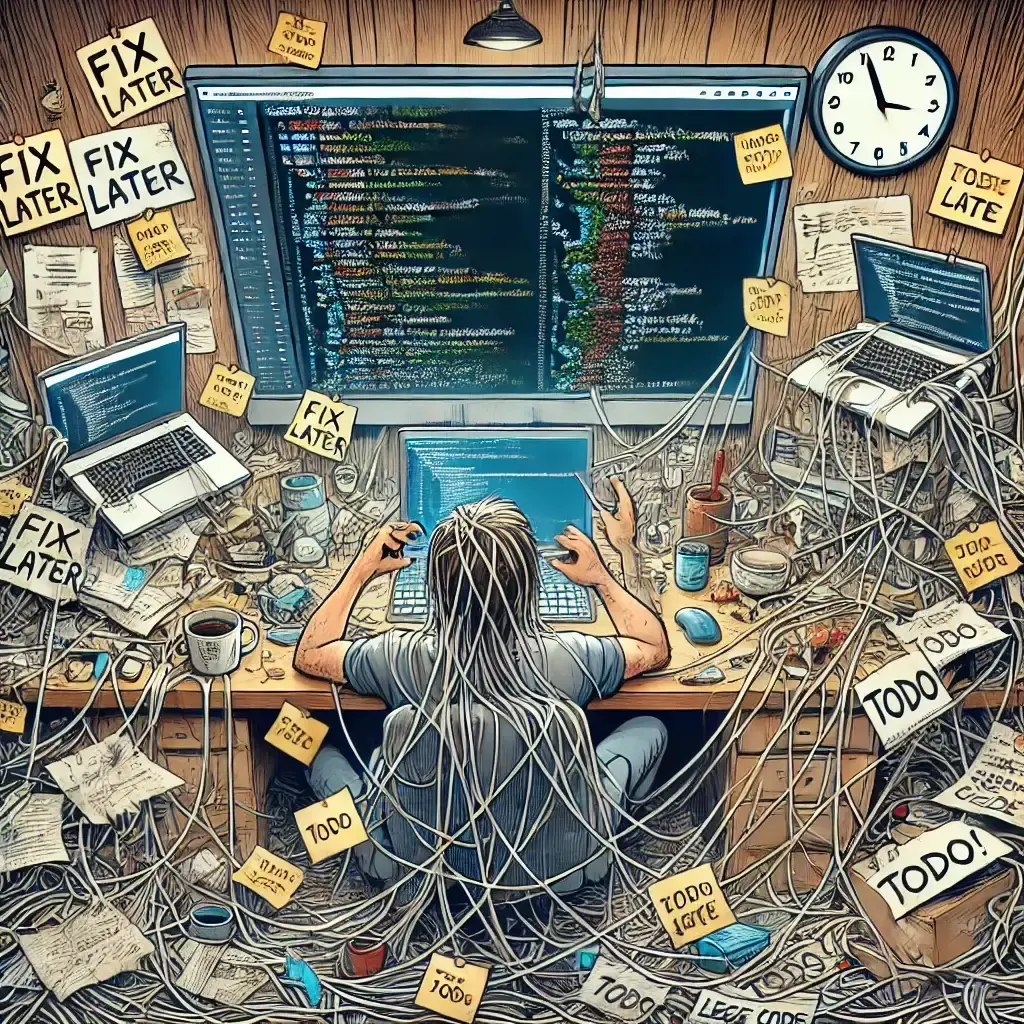 Highly detailed illustration of an overwhelmed developer sitting at a cluttered desk, tangled in a mess of cables while coding on multiple screens. Sticky notes labeled 'Fix Later,' 'TODO,' and 'Job Nodes' are scattered around, symbolizing accumulated technical debt and neglected refactoring tasks. The chaotic workspace represents poor development practices and rushed coding decisions.