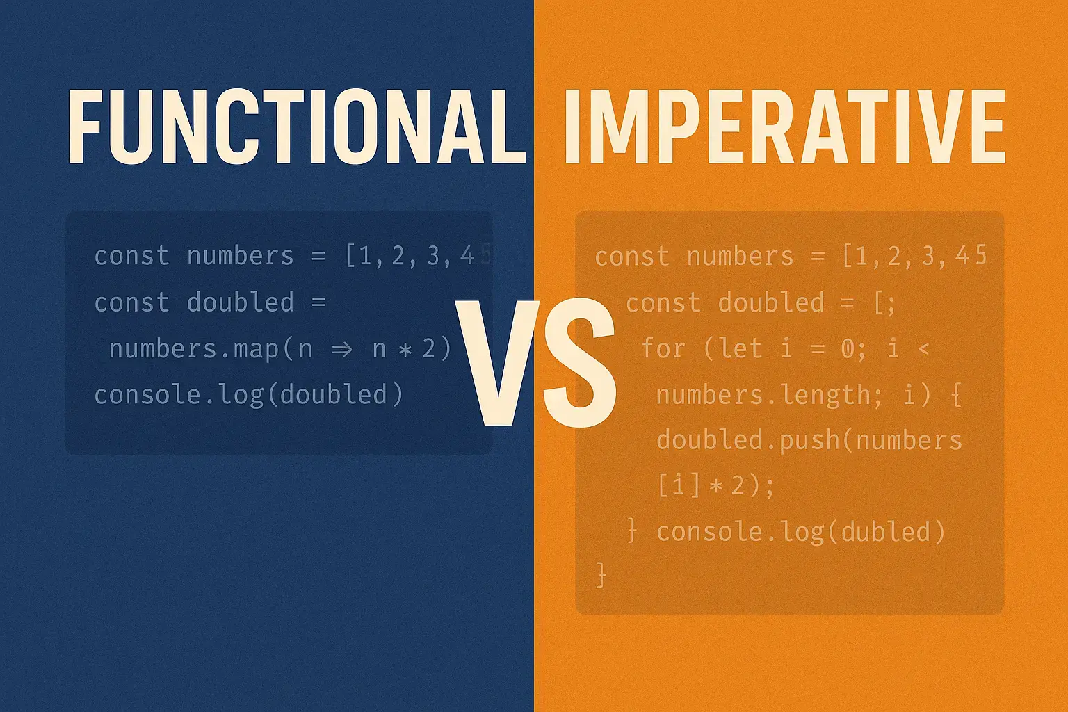 Visual comparison of functional vs imperative programming in JavaScript, with map-based code on the left and for-loop code on the right