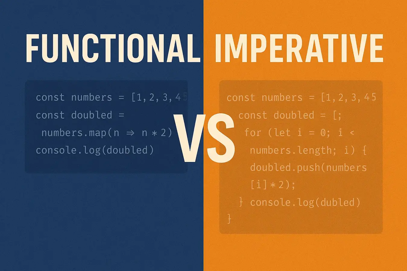 Visual comparison of functional vs imperative programming in JavaScript, with map-based code on the left and for-loop code on the right
