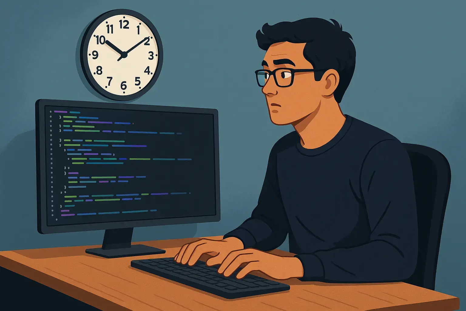 A developer at their desk, glancing at a wall clock while lines of code fill the screen.