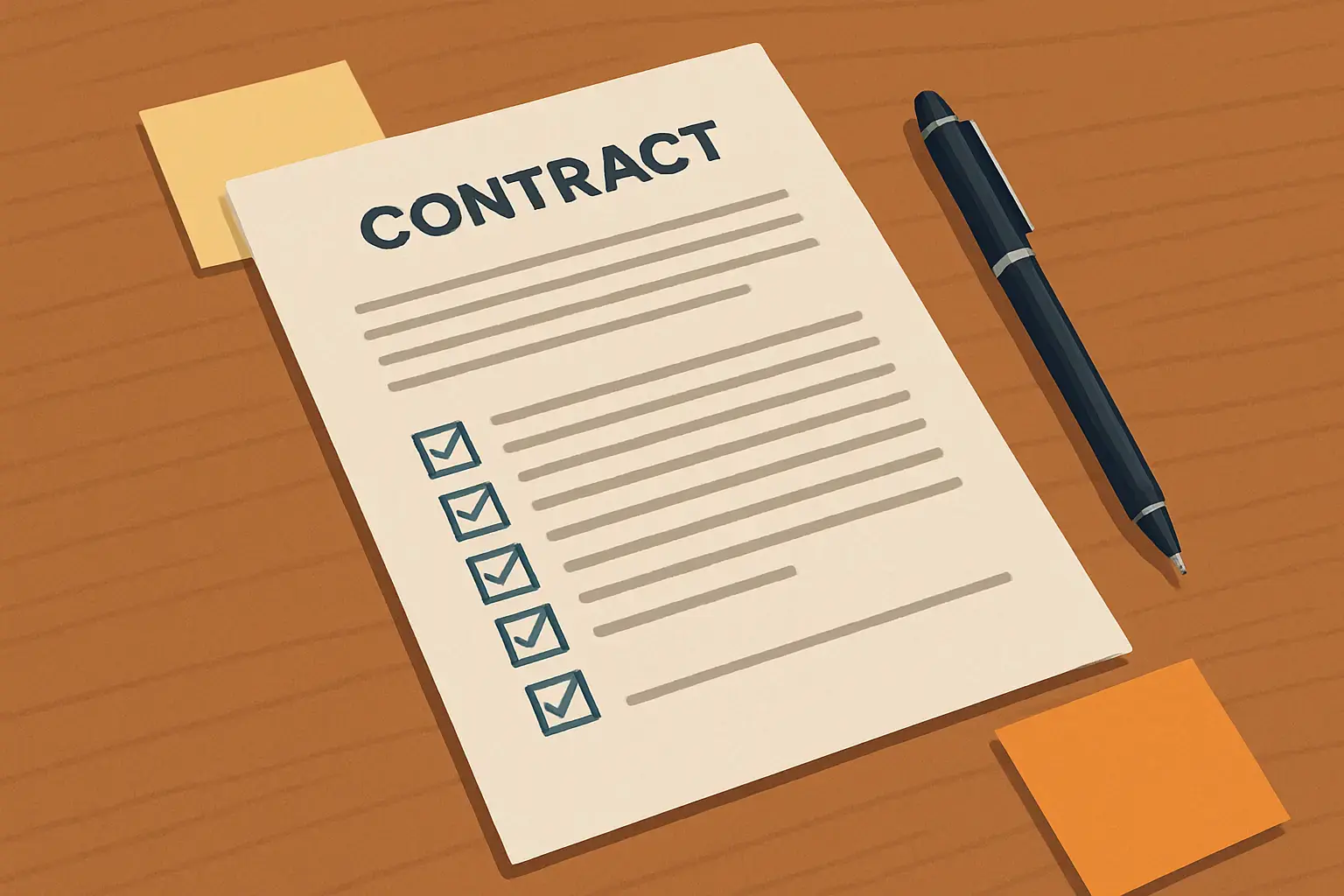 A printed contract or checklist laid out on a desk, with a pen and sticky notes