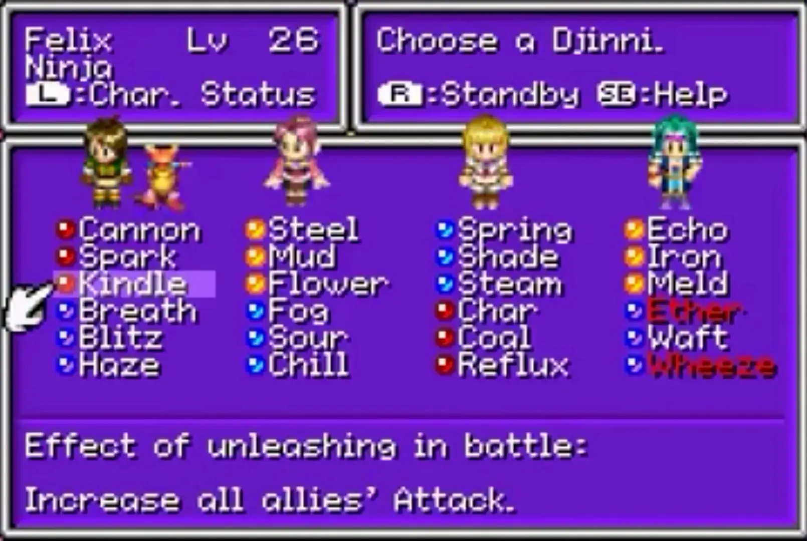 Four protagonists of Golden Sun: The Lost Age are shown in the image. They are showing how the djinns are distributed in the menu. The image shows how the characters have different classes and stats based on the djinns they have set.