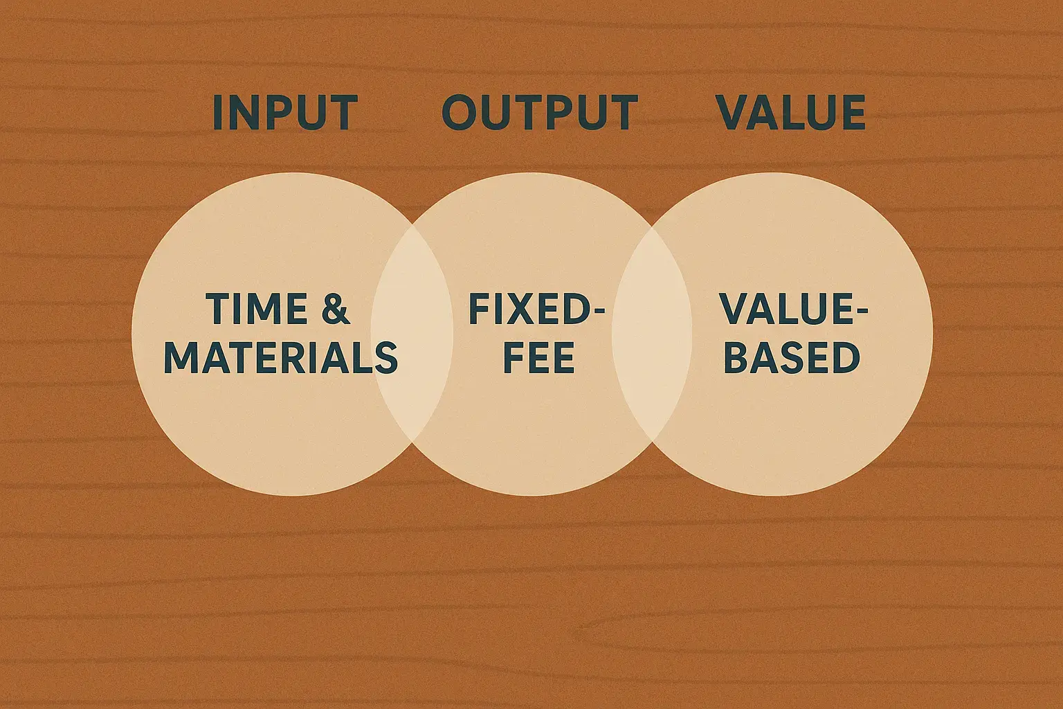 Diagram showing three pricing models: Time & Materials, Fixed-Fee, and Value-Based