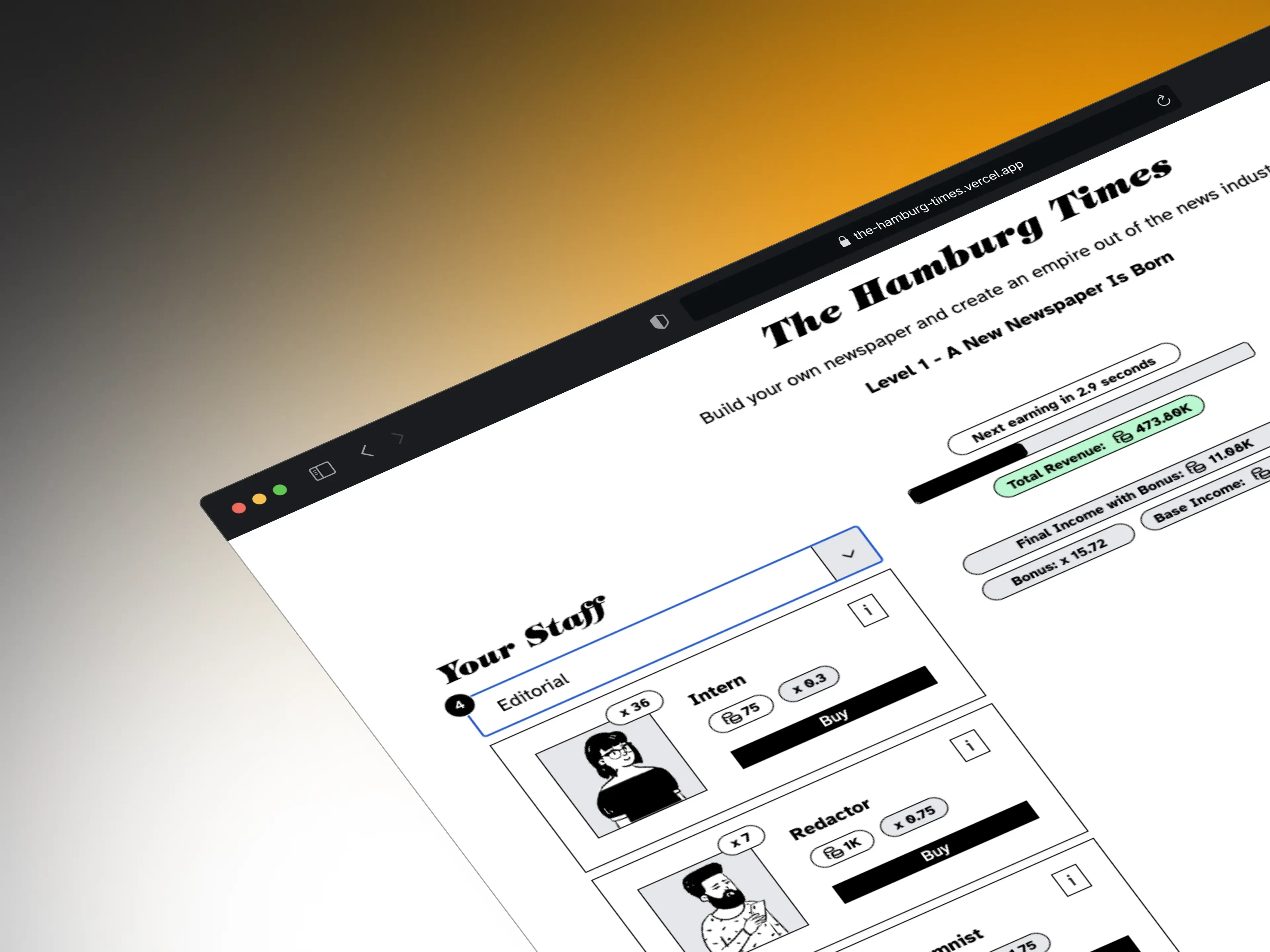 Example of view of the game "the hamburg times", an incremental game