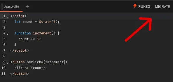 Interface of the Svelte 5 Playground with a button to migrate from Svelte 4 to Svelte 5