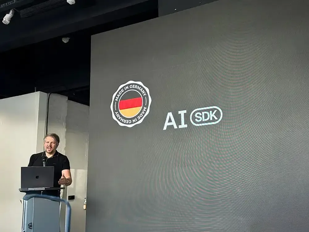 Malte Ubl presenting the AI SDK at OH SO's offices in Hamburg.