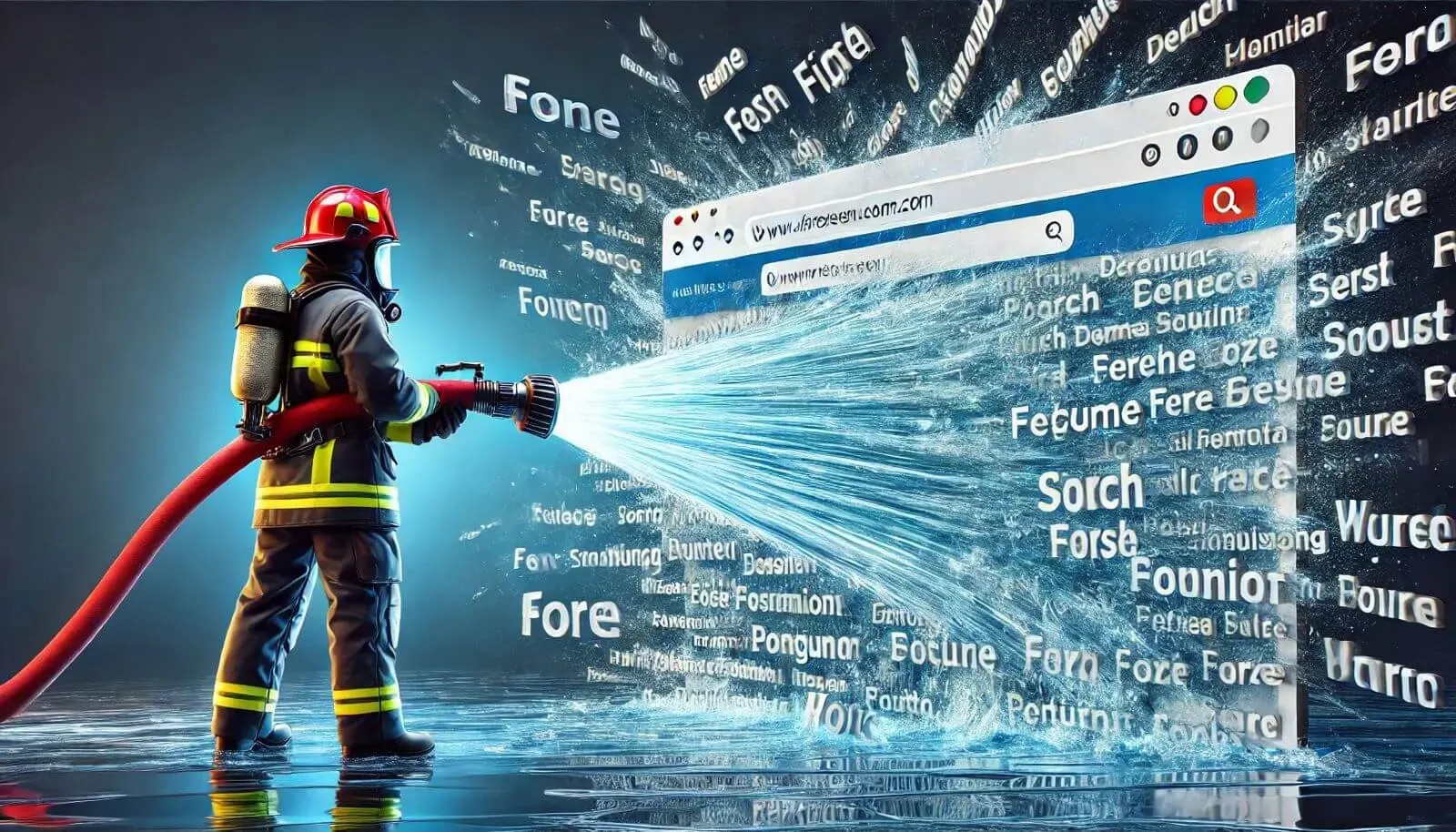 A firefighter in full protective gear, including a helmet and oxygen tank, sprays water from a large fire hose towards a giant web browser window that resembles a search engine.