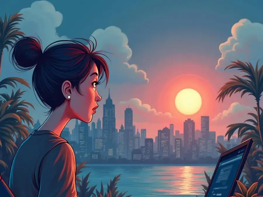 A girl cartoon character with a laptop looking at the horizon with a cityscape in the background.