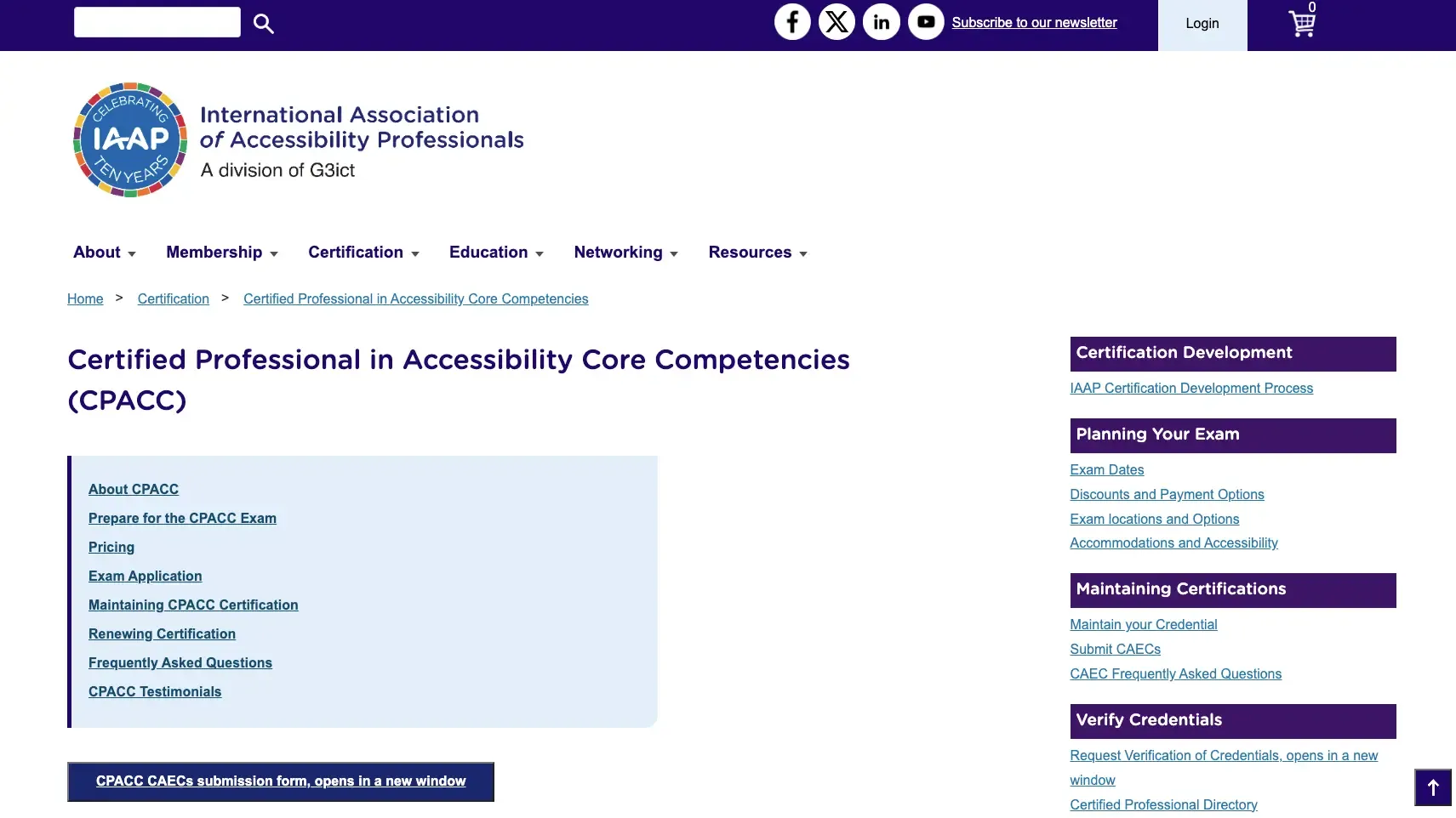 Main interface of the CPACC certification from IAAP website