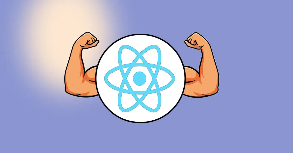 React Logo with some big cartoon muscles.