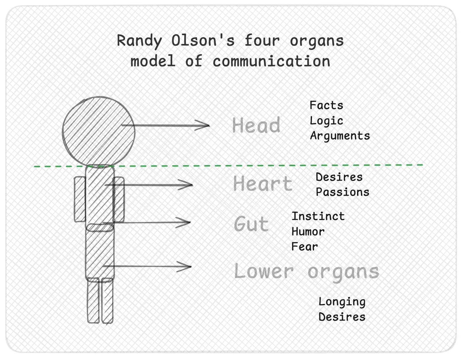 A grayscale illustration depicting a simplified human figure divided into four horizontal sections representing different “organs” of communication, as per Randy Olson's model. The head area corresponds to facts, logic, and arguments; the heart area to desires and passions; the gut area to instinct, humor, and fear; and the lower organs area to longing and deeper desires. A green dashed line separates the head from the rest, illustrating the shift from purely rational elements (head) to more emotional and instinctual elements (heart, gut, and lower organs). The title reads Randy Olson's four organs model of communication.