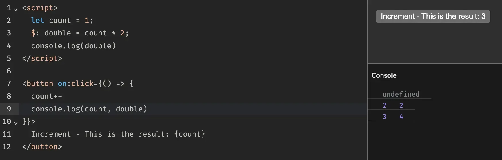 Side effects of Svelte 4 with computed variables. We see how the initial console.log gives us undefined and how the variables count and double are not in sync